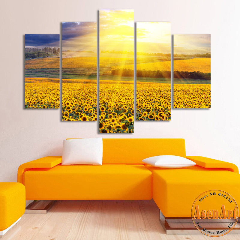 5 Panel Canvas Art Gold Sky Sunflower Painting Canvas Prints Wall Art Pictures for Living Room Modern Home Decor Unframed