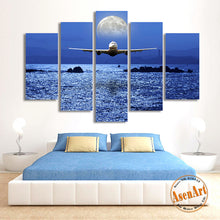 Load image into Gallery viewer, 5 Panel Seascape Painting Airplane Moon Picture Wall Art Canvas Prints Wall Pictures for Bedroom Home Decor Unframed

