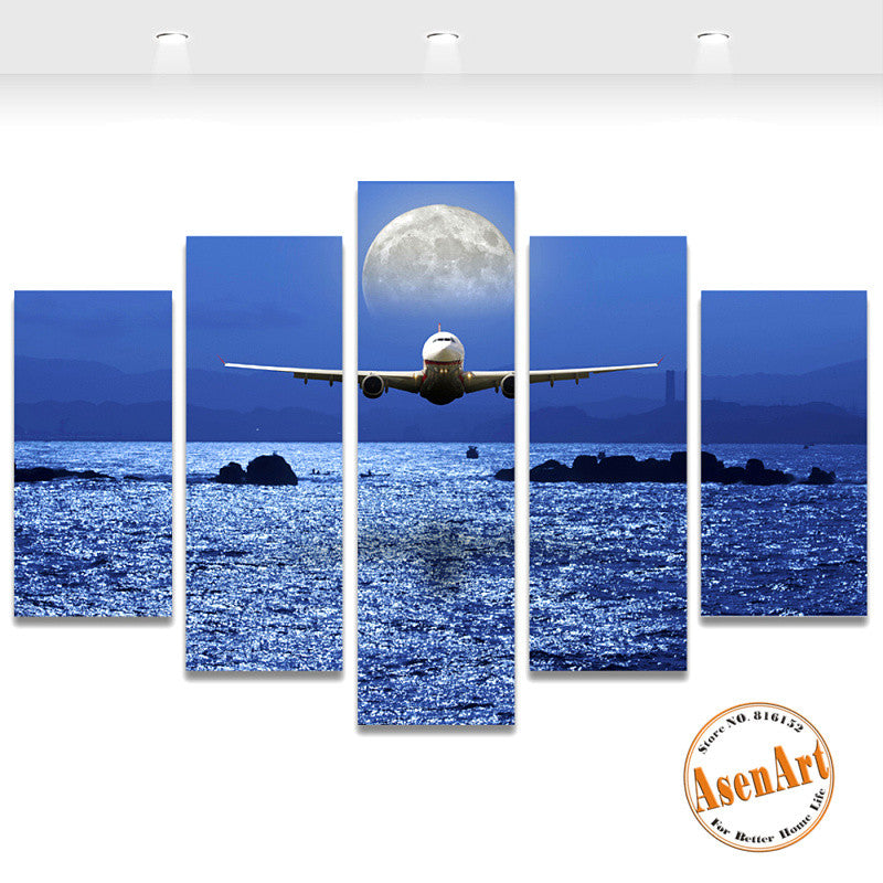 5 Panel Seascape Painting Airplane Moon Picture Wall Art Canvas Prints Wall Pictures for Bedroom Home Decor Unframed