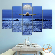 Load image into Gallery viewer, 5 Panel Seascape Painting Airplane Moon Picture Wall Art Canvas Prints Wall Pictures for Bedroom Home Decor Unframed
