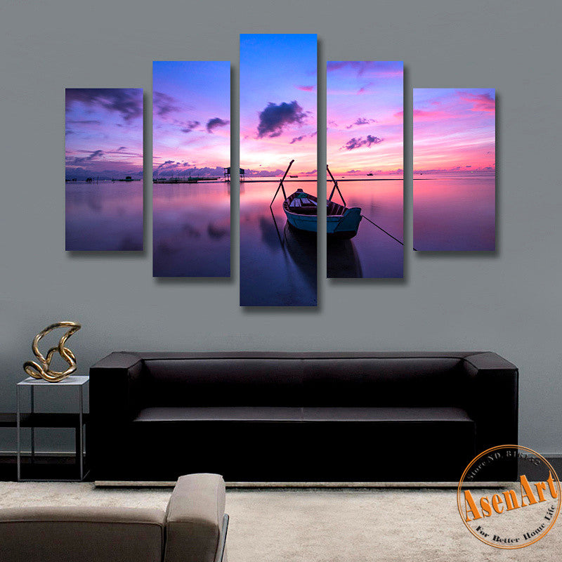 5 Panel Canvas Art Sunset Painting Seaside Boat Painting Canvas Prints Artwork Home Decor Picture for Living Room Unframed