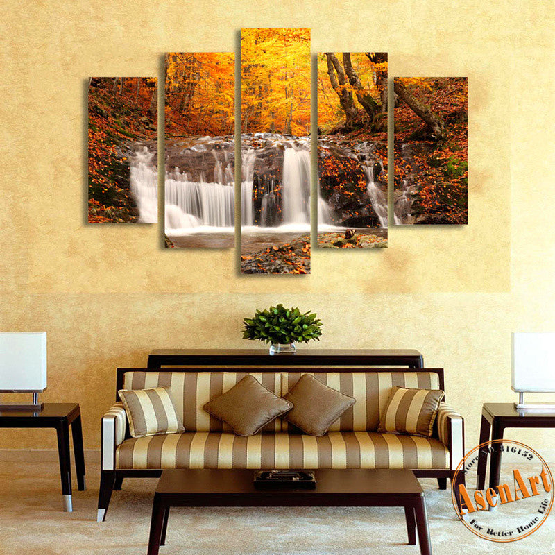 5 Panel Waterfall Painting Autumn Tree Painting Modern Home on the Canvas Prints Picture for Living Room Unframed