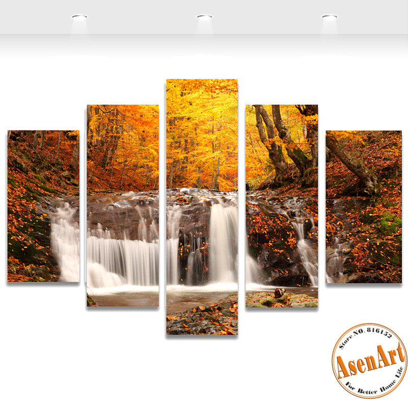 5 Panel Waterfall Painting Autumn Tree Painting Modern Home on the Can ...