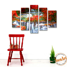 Load image into Gallery viewer, 5 Panel Waterfall Painting Maple Leaf Tree Painting Modern Home on the Canvas Prints Picture for Living Room Unframed
