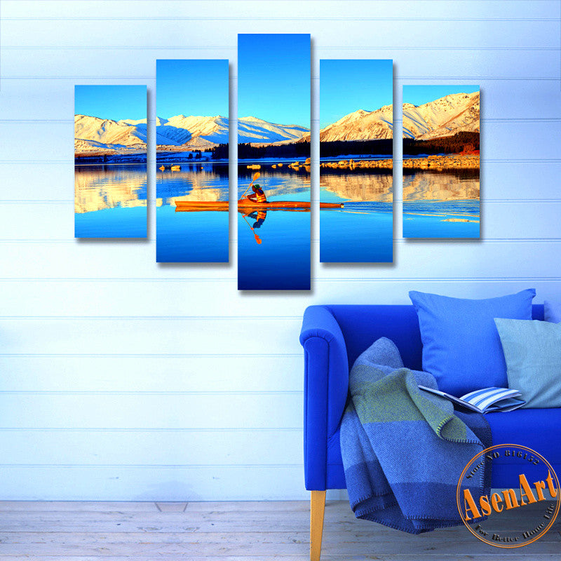 5 Panel Nature Landscape Painting Mountain Lake Boat Canvas Prints Artwork Modern Home Decor Picture for Living Room Unframed