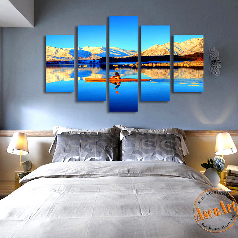 5 Panel Nature Landscape Painting Mountain Lake Boat Canvas Prints Artwork Modern Home Decor Picture for Living Room Unframed