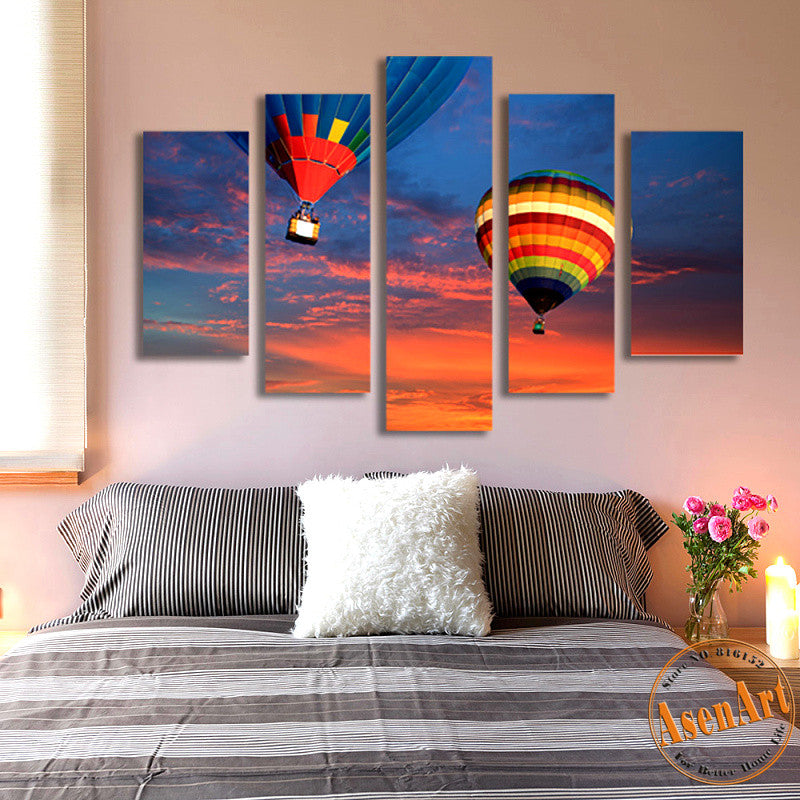 5 Panel Canvas Art Hot Air Balloon Painting for Living Room Wall Art Canvas Print Sunset Picture No Frame