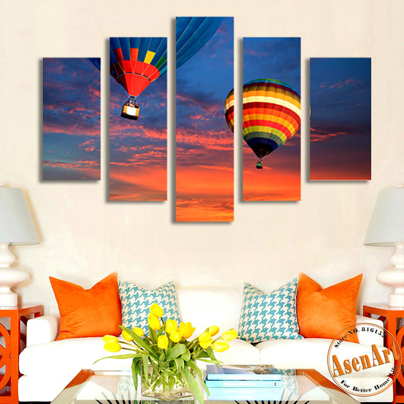 5 Panel Canvas Art Hot Air Balloon Painting for Living Room Wall Art Canvas Print Sunset Picture No Frame