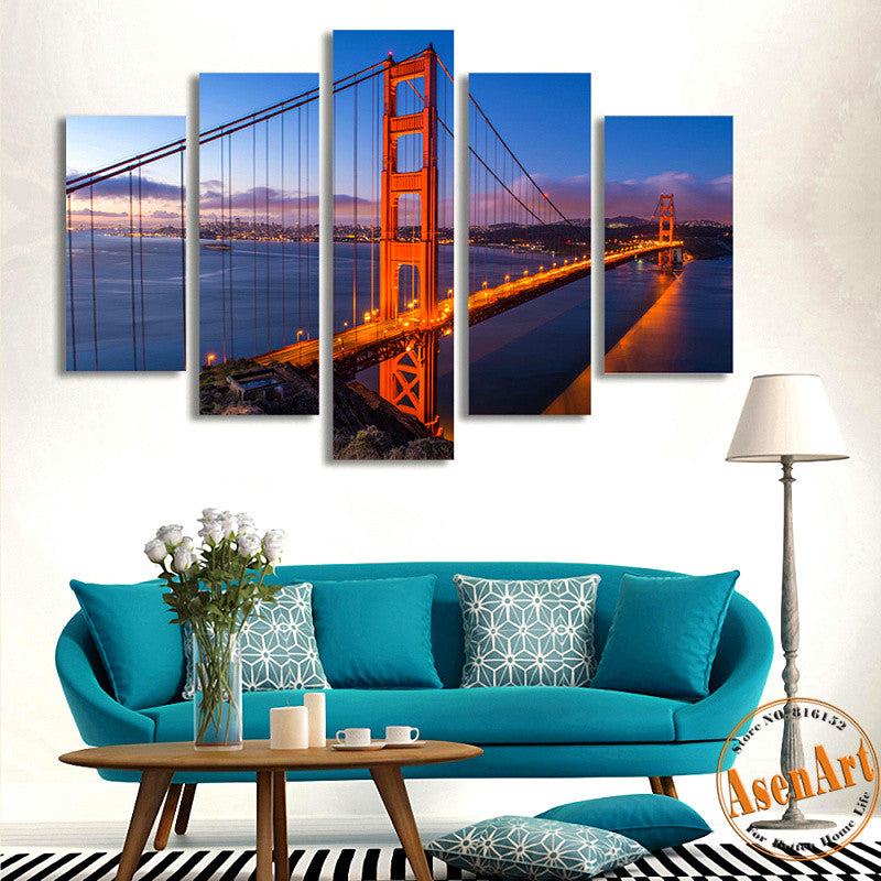 5 Panel Golden Gate Bridge Picture Wall Art Canvas Prints Wall Paintings for Bedrooms Home Decor Unframed