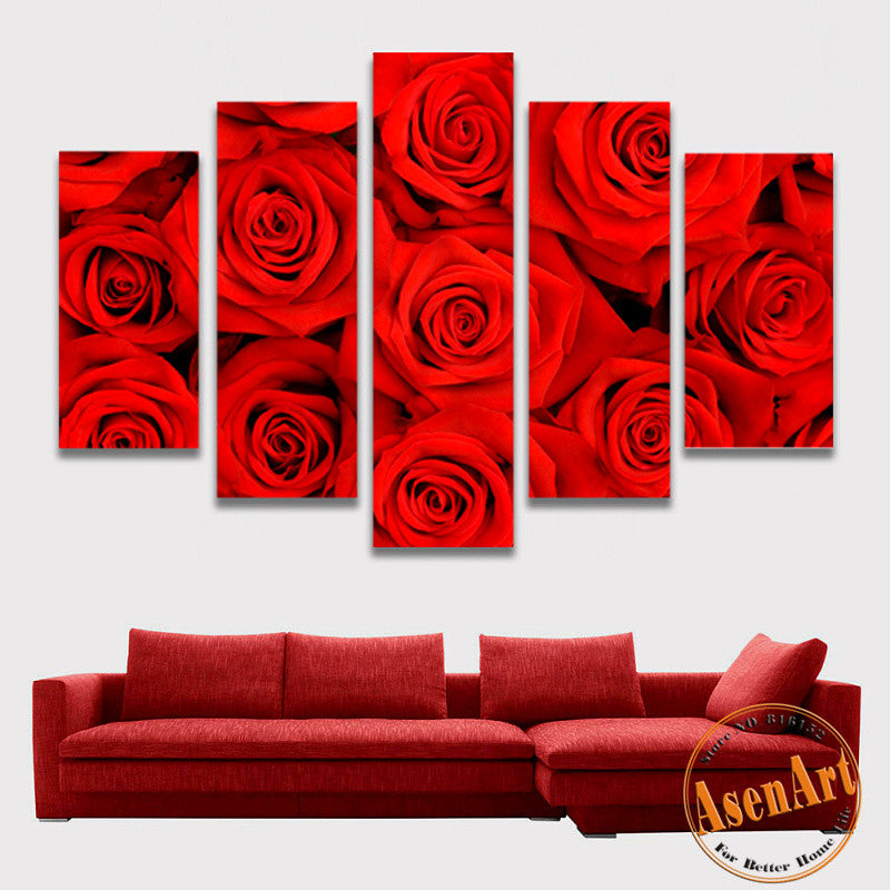 5 Panel Wall Art Romantic Red Rose Picture for Wall Decor Canvas Prints Wall Paintings for Bedroom Modern Home Decor No Frame