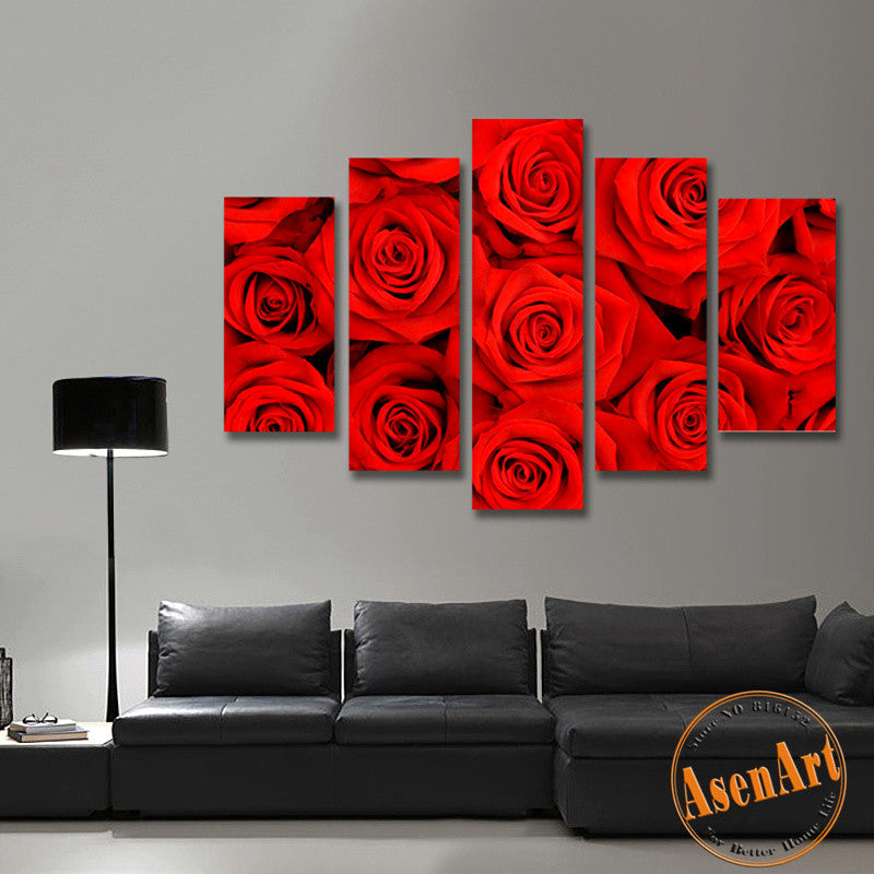 5 Panel Wall Art Romantic Red Rose Picture for Wall Decor Canvas Prints Wall Paintings for Bedroom Modern Home Decor No Frame