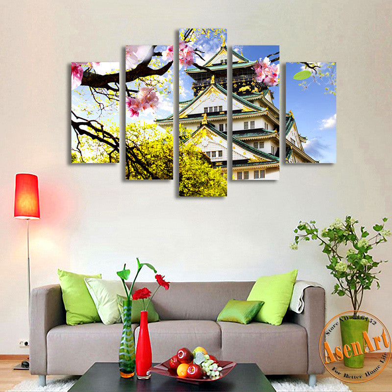 5 Piece Wall Art Osaka Japan Ancient Building Landscape Painting Canvas Prints Artwork Picture for Living Room Unframed
