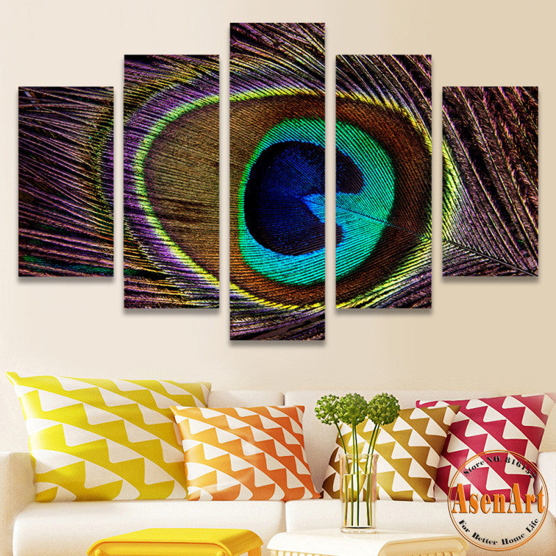 5 Panel Canvas Art Peacock Painting Beautiful Feather Picture Canvas Prints Wall Pictures for Living Room Home Decor No Frame