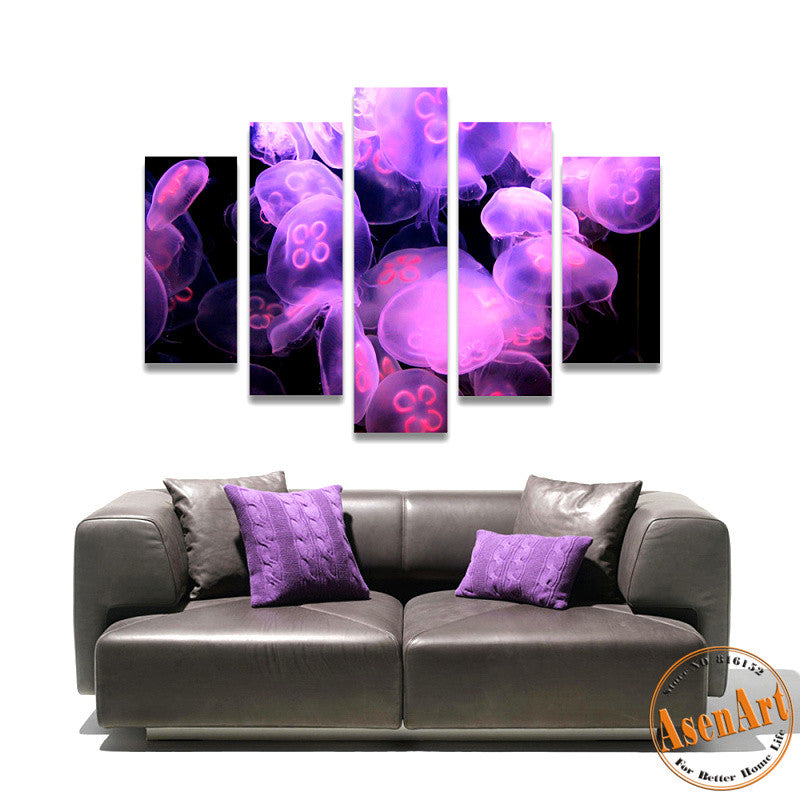 5 Piece Wall Art Jellyfish Sea World Animal Picture Purple Painting Canvas Prints Wall Paintings for Bedroom No Frame