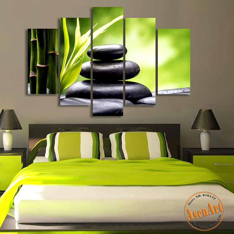5 Panel Canvas Art Black Stone Bamboo Painting for Bedroom Modern Home Decor Wall Art Canvas Prints Unframed
