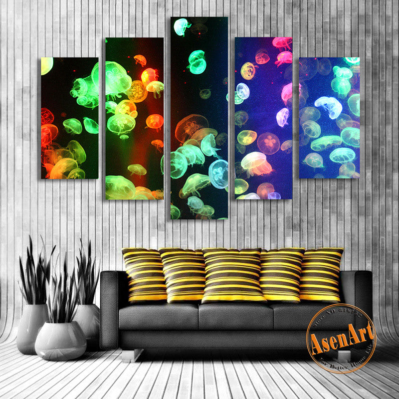 5 Panel Fluorescent Jellyfish Colorful Animal Painting for Living Room Home Decoration Wall Art Canvas Prints Artwork Unframed