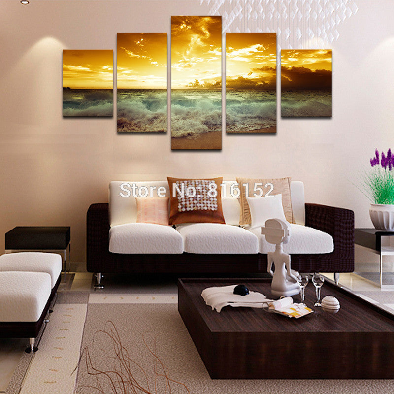 5 Panels Golden Seaside Sunset Seascape Picture Oil Canvas Print Painting Modern Unframed Artworks Home Living Wall Decor