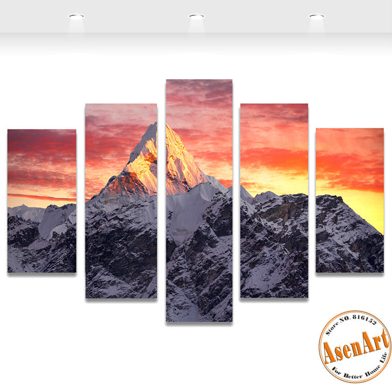 5 Pieces Snow Mountain Landscape Painting Canvas Print Sunset Painting For Living Room Wall Art Home Decoration Unframed