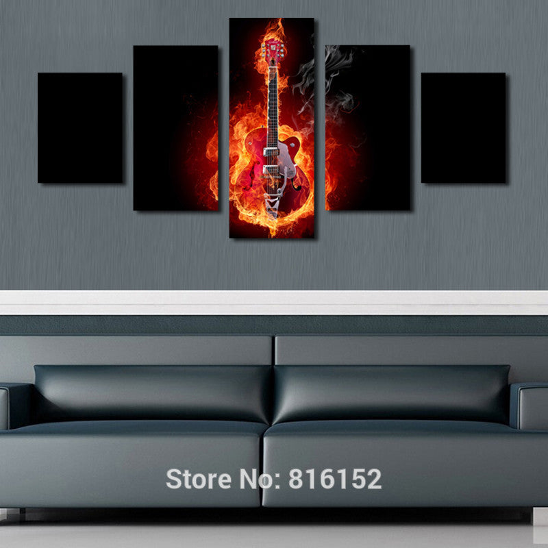 5 Piece Passion Fire Guitar Soul Play Picture Unframed Oil Canvas Print Painting Artwork Modern Home Wall Decoration