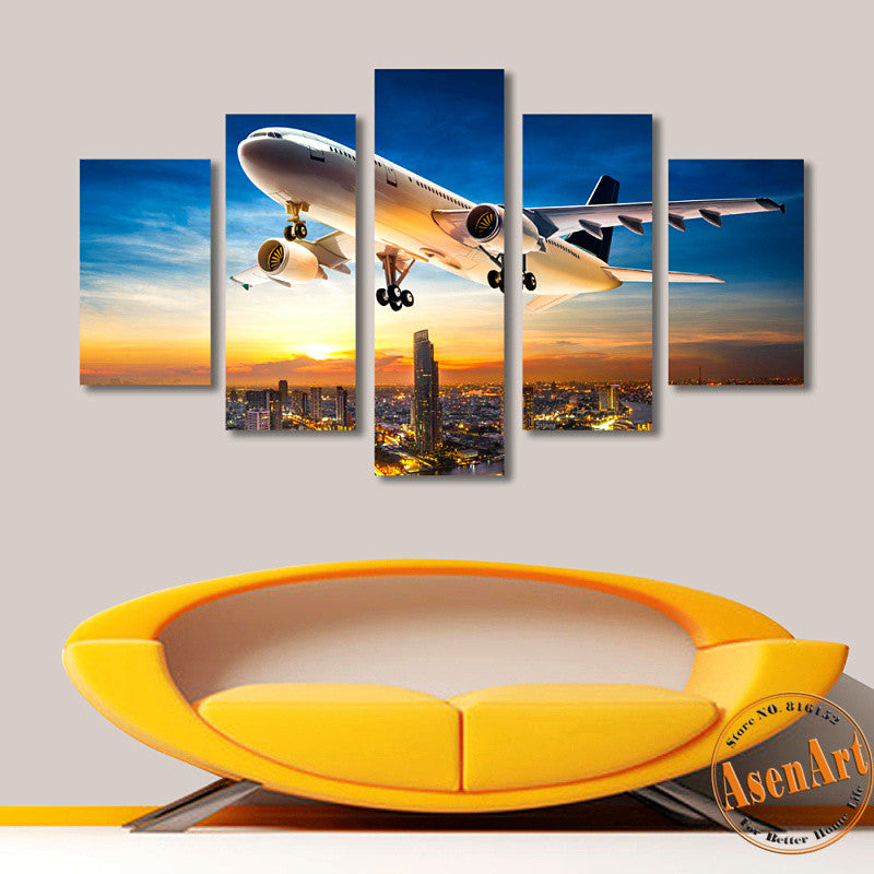 5 Panels Airplane City Painting Sunset Painting Canvas Print Picture for Living Room Wall Art Home Decoration 2016 No Frame