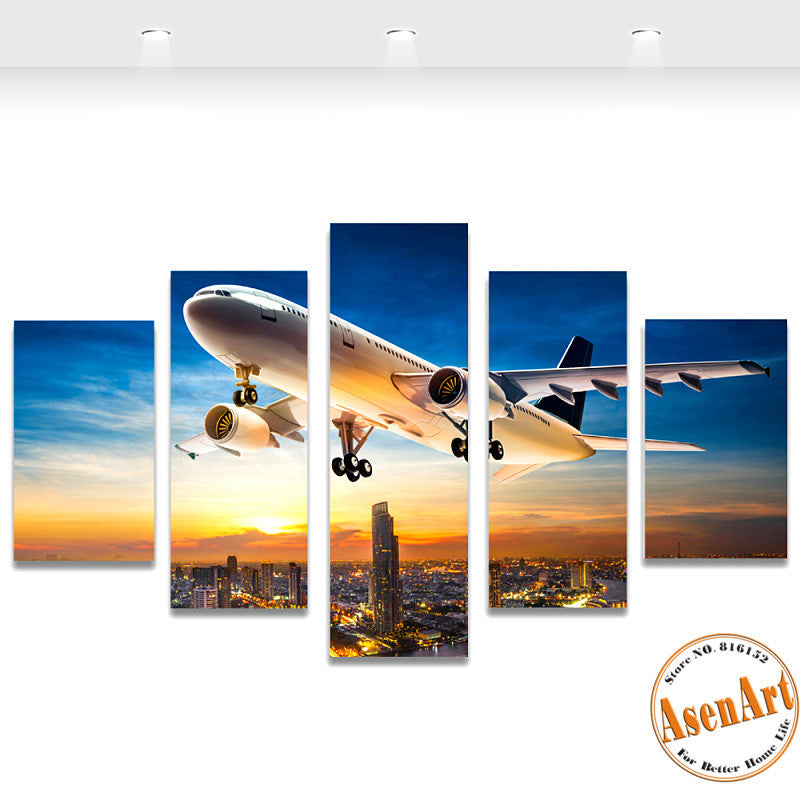 5 Panels Airplane City Painting Sunset Painting Canvas Print Picture for Living Room Wall Art Home Decoration 2016 No Frame