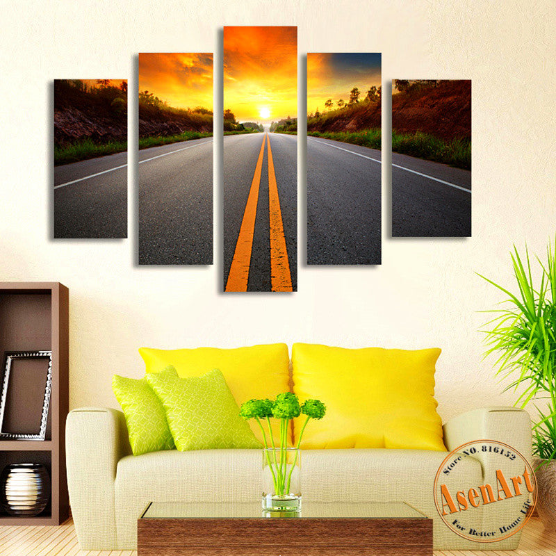 5 Panel Sunset Landscape Painting Road Picture for Living Room Home Decor Wall Art Canvas Prints Artwork Unframed