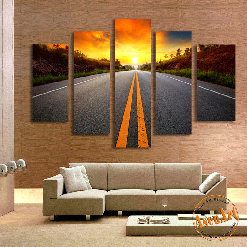 5 Panel Sunset Landscape Painting Road Picture for Living Room Home Decor Wall Art Canvas Prints Artwork Unframed