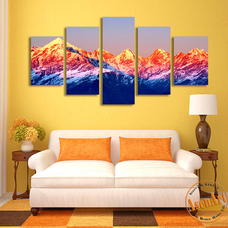 5 Panels Snow Mountain Landscape Picture Canvas Print Sunset Painting For Living Room Wall Art Home Decoration Unframed