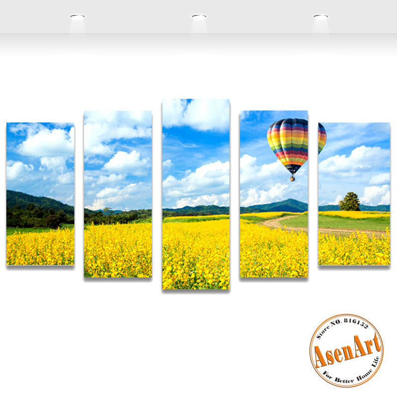 5 Panel Balloon on Canola Flower Landscape Canvas Painting Prints Modern Home Decor Wall Art Picture for Living Room Unframed