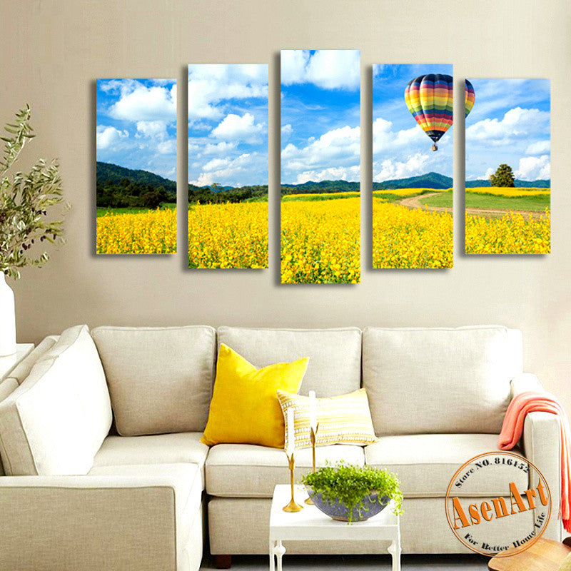 5 Panel Balloon on Canola Flower Landscape Canvas Painting Prints Modern Home Decor Wall Art Picture for Living Room Unframed