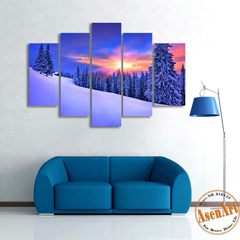 5 Panel Sunset Snow Painting Coniferous Forest Tree Painting Modern Home on the Canvas Prints Picture for Living Room Unframed