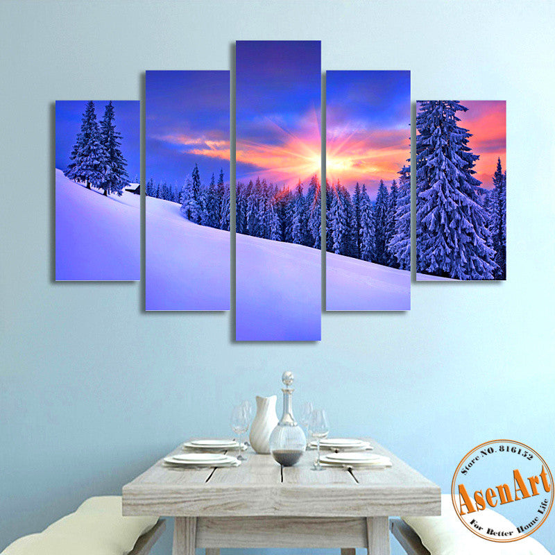 5 Panel Sunset Snow Painting Coniferous Forest Tree Painting Modern Home on the Canvas Prints Picture for Living Room Unframed