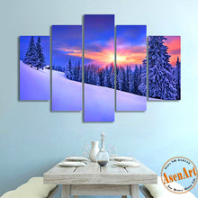 Load image into Gallery viewer, 5 Panel Sunset Snow Painting Coniferous Forest Tree Painting Modern Home on the Canvas Prints Picture for Living Room Unframed
