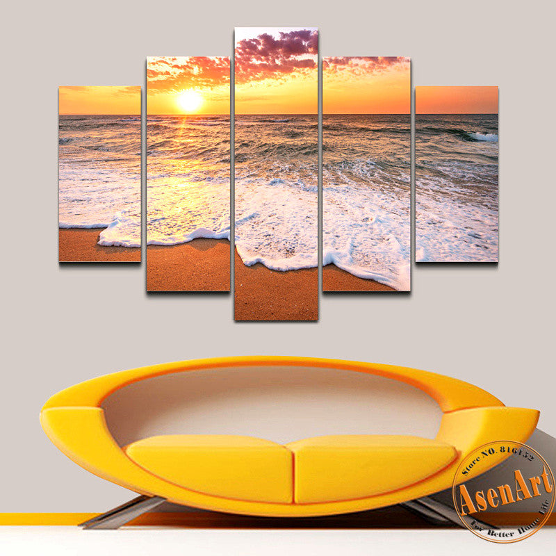 5 Panel Seaside Painting Sunset Painting Wall Art Canvas Prints Picture for Bedroom Modern Home Decor Unframed
