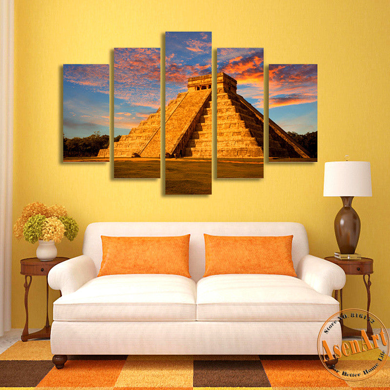 5 Panel Canvas Art Mayan Culture Building Landscape Painting Canvas Prints Artwork Picture for Living Room Unframed