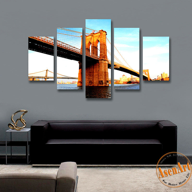 5 Panel Canvas Art Brooklyn Bridge Painting Landscape Painting Canvas Prints Artwork Picture for Living Room Unframed