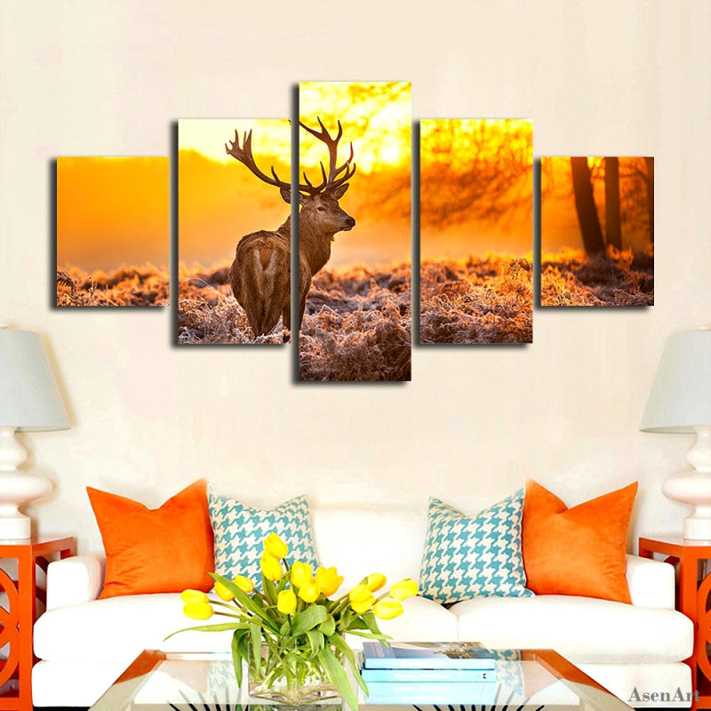 No Frame 5PCS Deer in Sunset Landscape Painting Canvas Painting Print Art Animal Picture Living Room Bedroom Home Decor