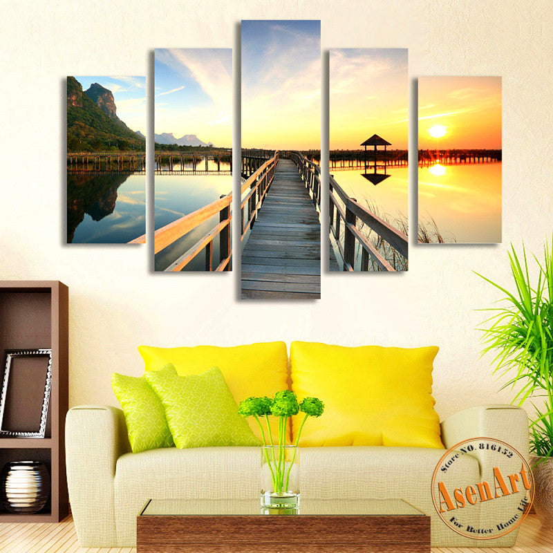 5 Panel Walkway Sea Sunset Landscape Painting Picture for Living Room Modern Home Decor Wall Art Canvas Prints Unframed