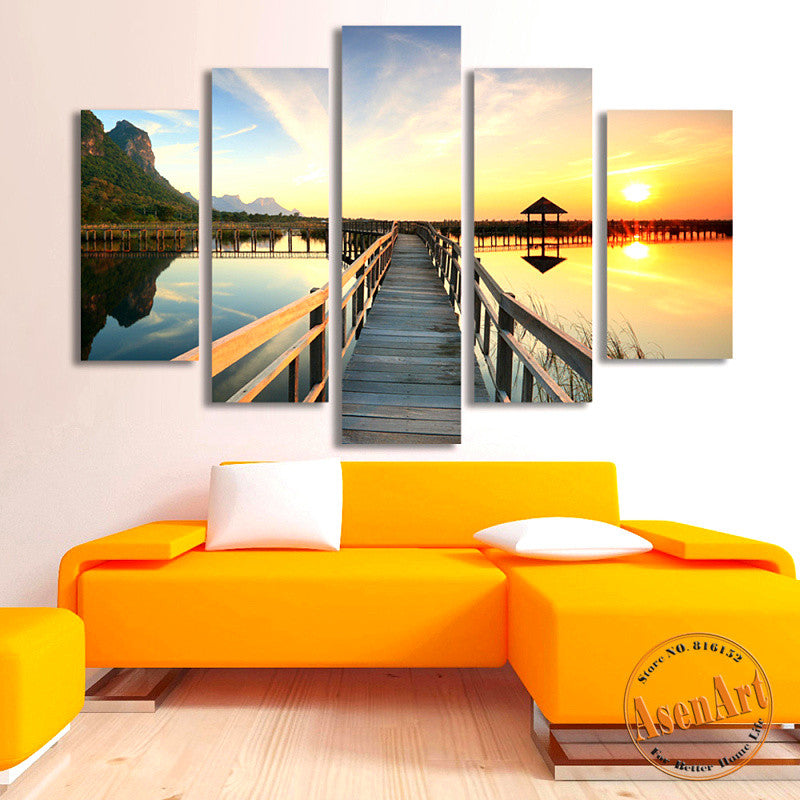 5 Panel Walkway Sea Sunset Landscape Painting Picture for Living Room Modern Home Decor Wall Art Canvas Prints Unframed