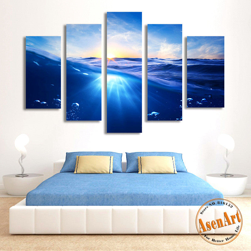 5 Panel Painting Sunrise Blue Sea Canvas Painting Seascape Picture for Bedroom Wall Art Canvas Prints Artwork Unframed