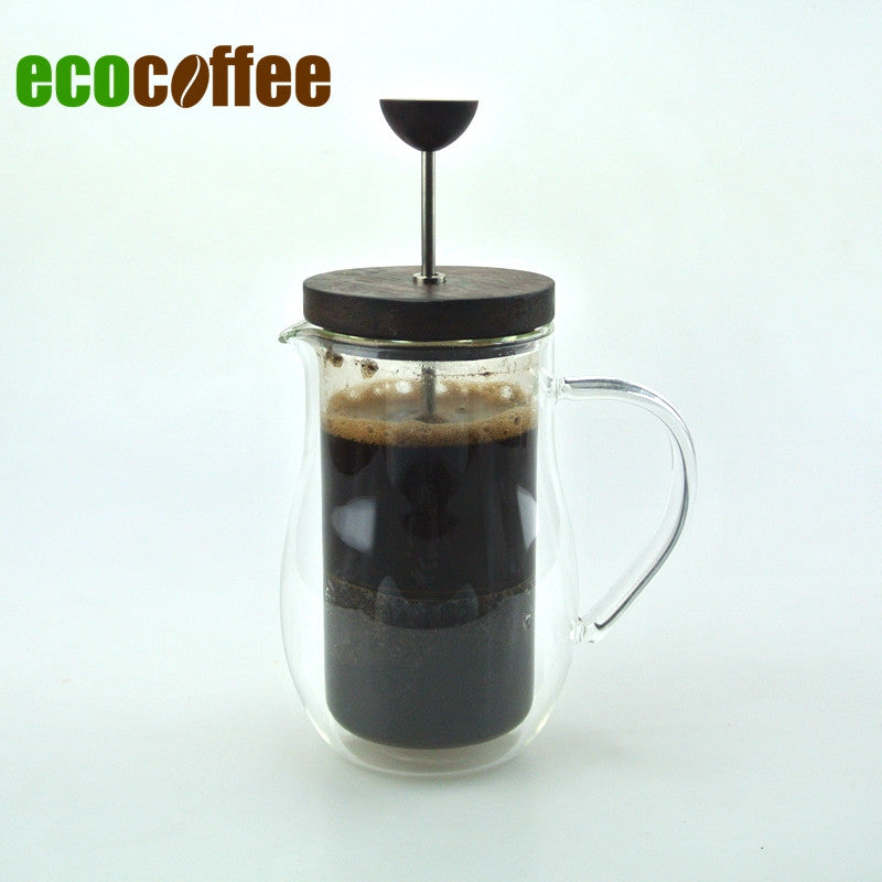 High Quality Double Glazing 350Ml Coffee French Press Wood Cover Coffee Plunger Coffee Maker