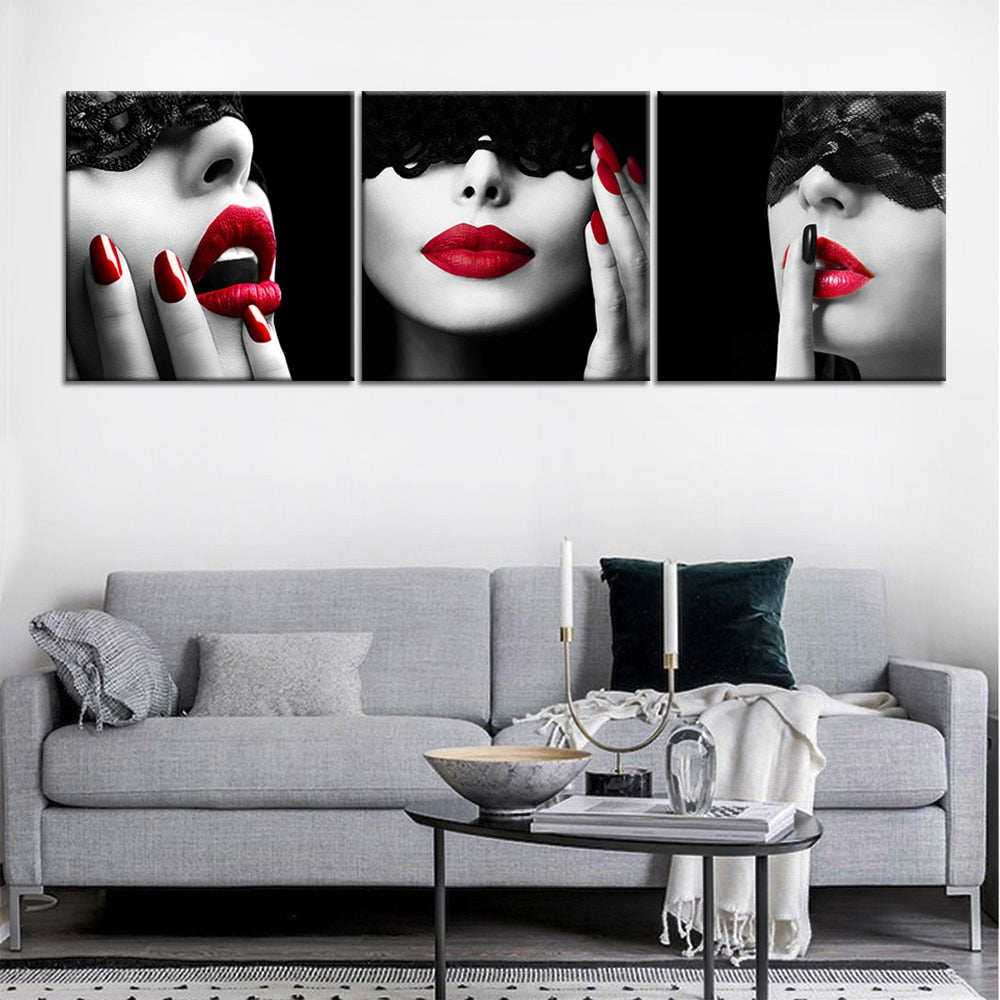 Canvas Painting Prints Sexy Red Lips Girls Picture Wall Art Modern 3 Pcs Black Background Beautiful Women Poster for Home Decor