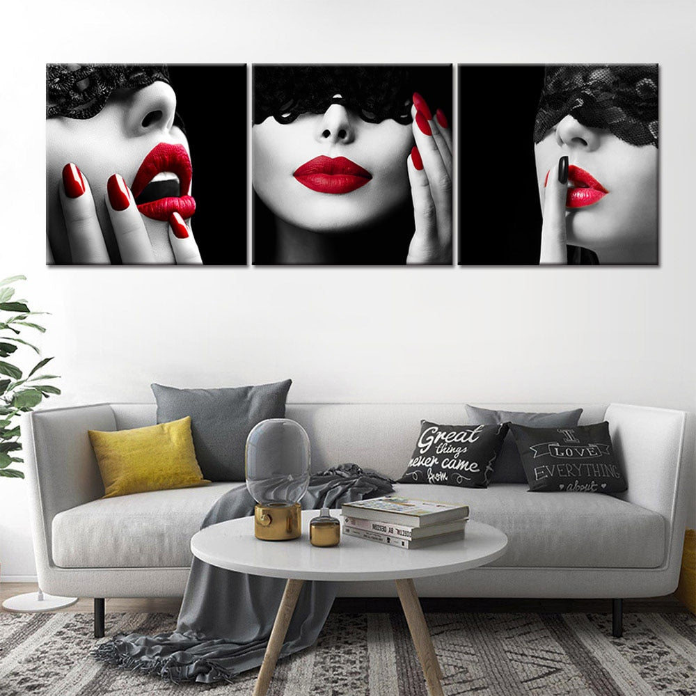 Canvas Painting Prints Sexy Red Lips Girls Picture Wall Art Modern 3 Pcs Black Background Beautiful Women Poster for Home Decor
