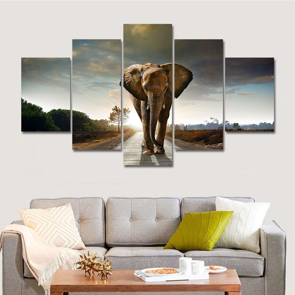 Drop-shipping Hot Modern Printed Elephant Oil Painting 5 Panel Cuadros Canvas Wall Art for Home Decor Modular Painting Unframed