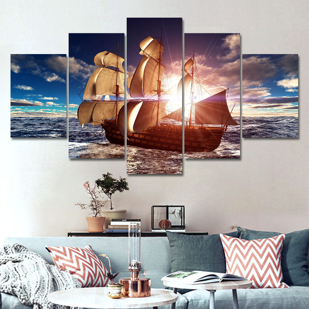5 Panel Modern Canvas Prints Sea Boat Sunset Painting Beach Seascape Cuadros Decoracion Wall Picture for Living Room No Frame