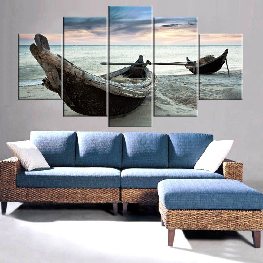 Drop-shipping Modern Canvas Prints Sea Boat Painting Sunset Seascape Cuadros Oil Wall Pictures for Living Room No Frame 5 Panel