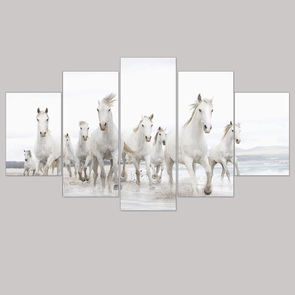 Unframed Modern Canvas Painting  Running White Horse Animal A4 Print Poster Seascape Wall Painting Oil Pictures Home Decor 5pcs