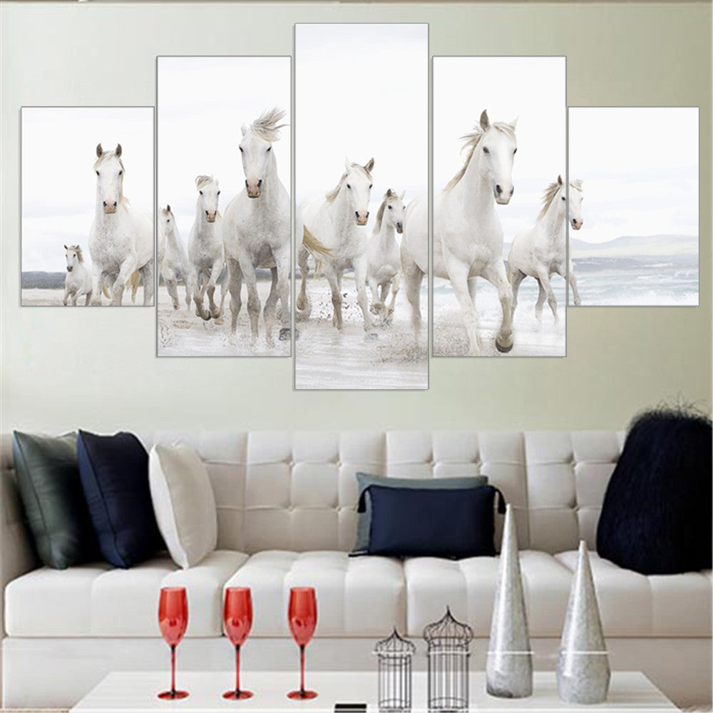 Unframed Modern Canvas Painting  Running White Horse Animal A4 Print Poster Seascape Wall Painting Oil Pictures Home Decor 5pcs