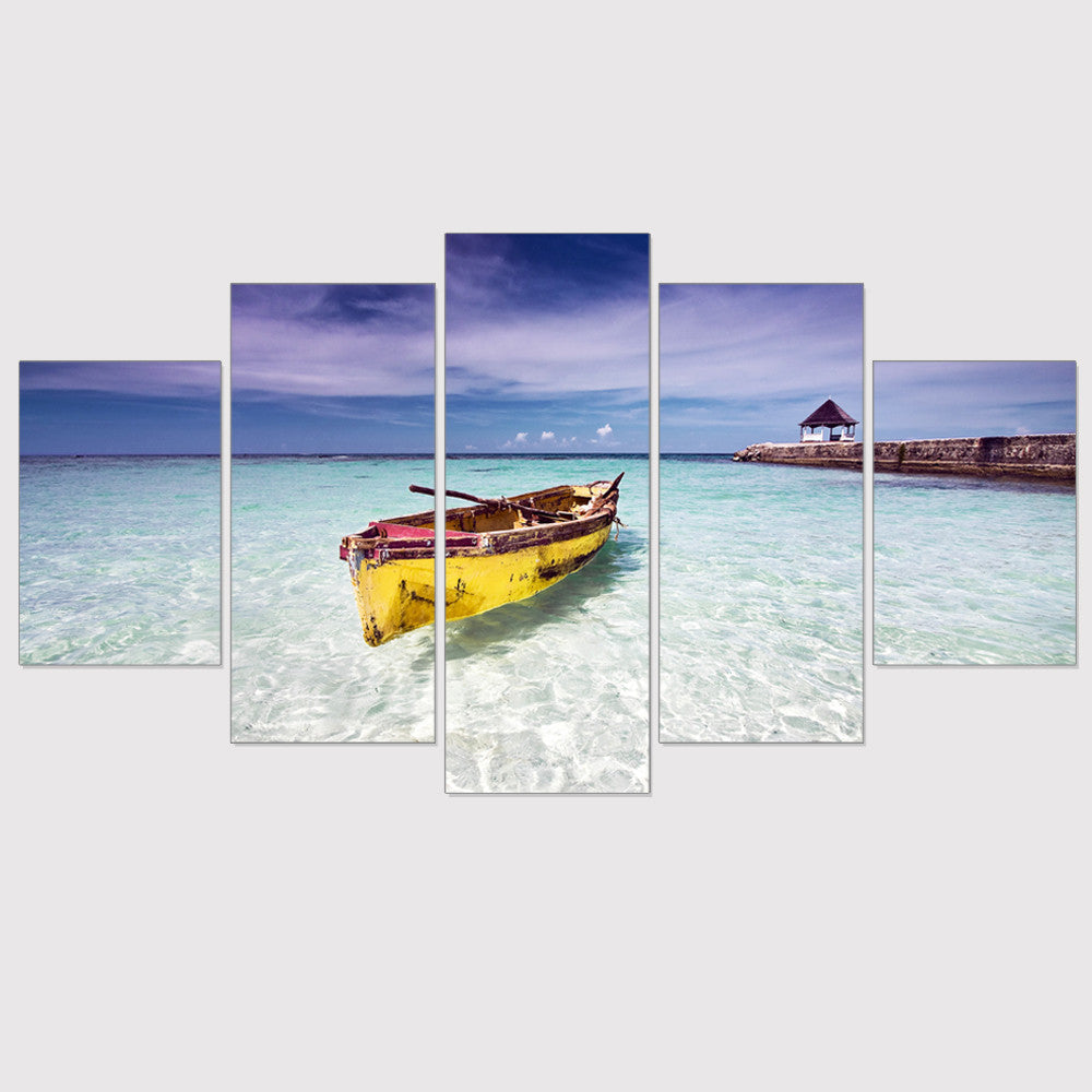 Unframed Canvas Painting Seascape Oil Picture Wall Picture Blue Ocean Boat Poster Seaview Art Print Mordern Home Decoration 5Pcs
