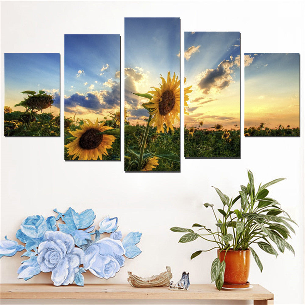 Oil Painting Frameless Sunflower Pictures Art Poster Wall Canvas Painting Sunset Scenery Home Decoration for Living Room 5pcs
